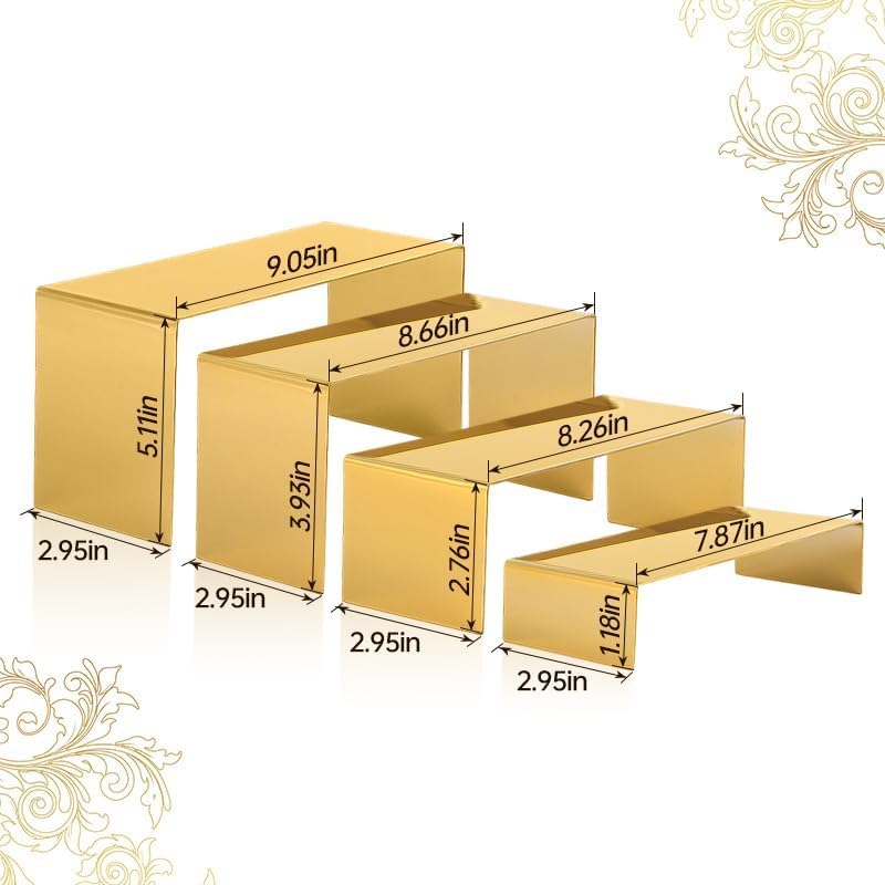 4 Pcs Gold Stainless Steel Display Risers, Display Stand for Cupcake Dessert Perfume Purse Handbag
