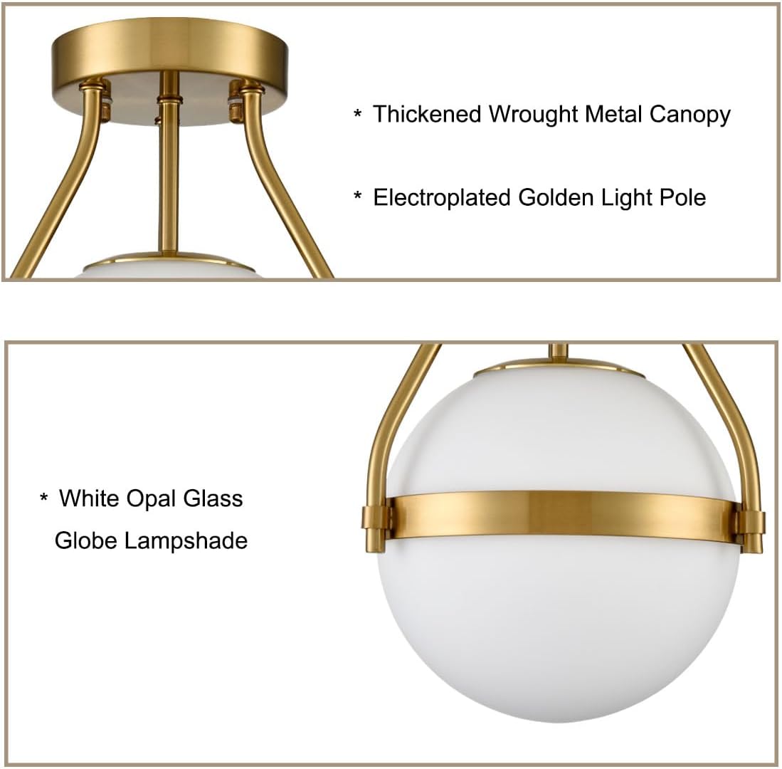 HOLKIRT Modern Semi Flush Mount Light, Mid Century Style 7Inch/18CM Brass Globe Ceiling Light with