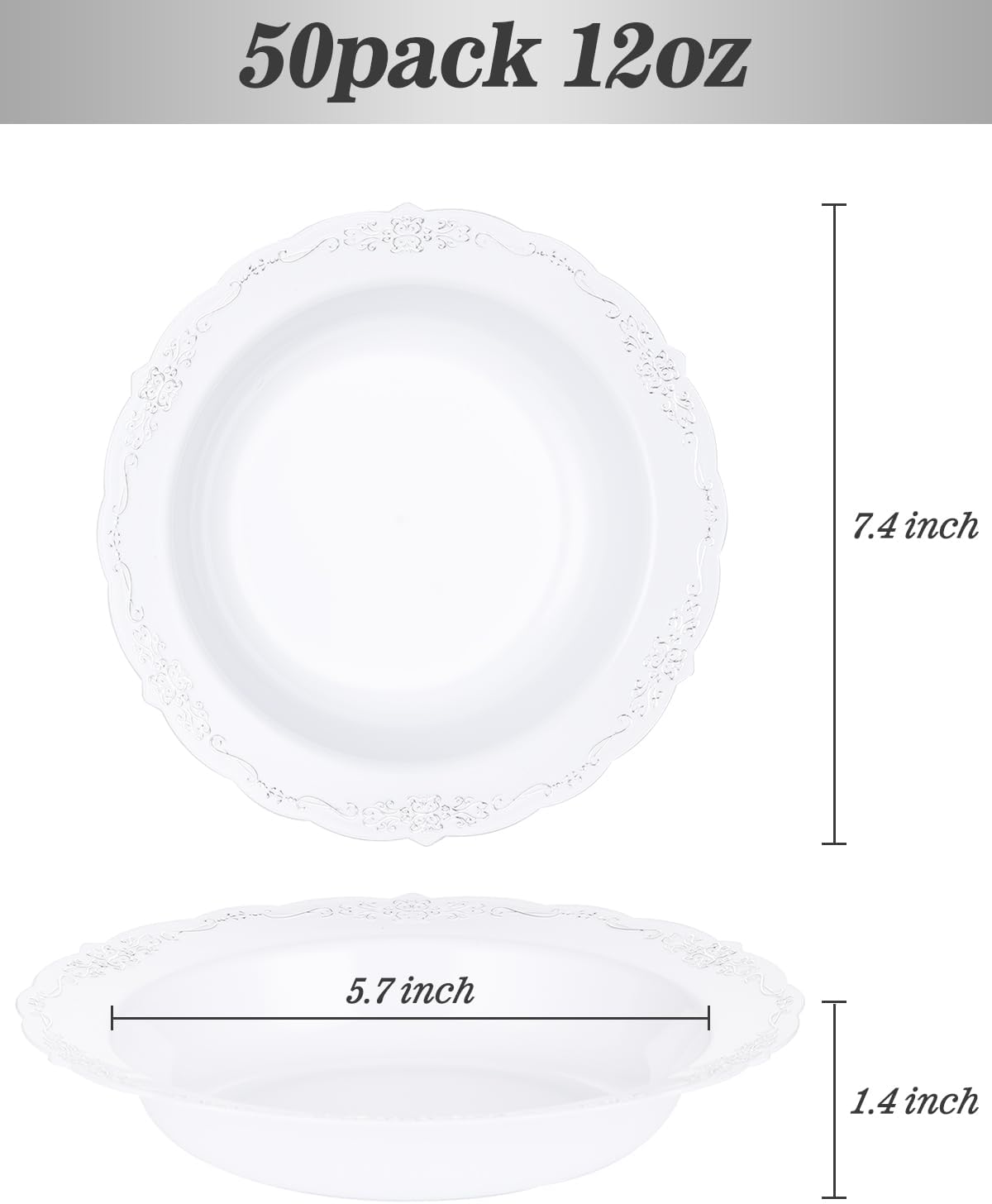50 Pack White Plastic Bowls with Silver Rim, 12oz Plastic Salad Bowl, Disposable Bowls for Party