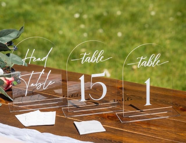 Clear Arch Acrylic Table Numbers for Wedding Reception - 5" x 7" White Font Centerpiece Set with