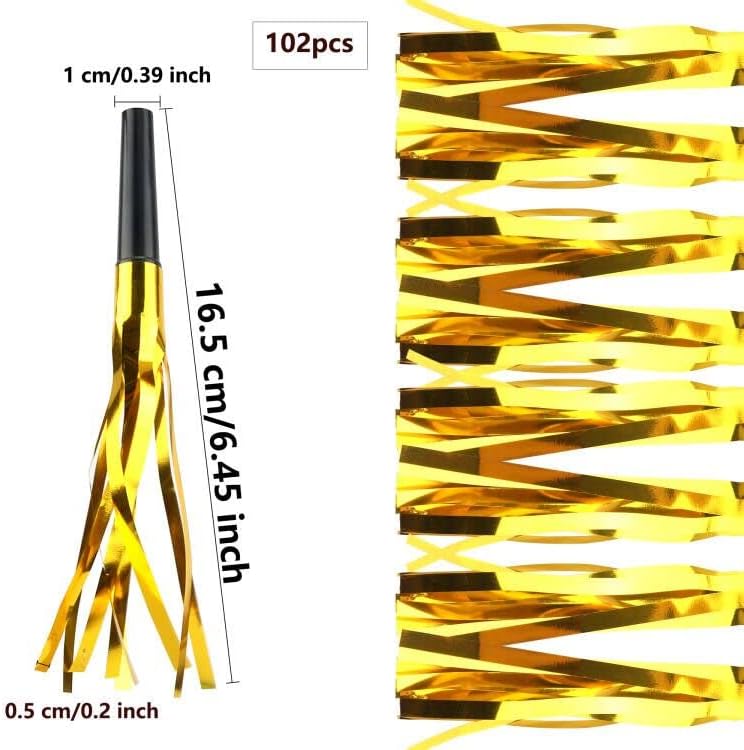 102 Pieces Glitter Gold Fringed Noise Maker Musical Blow Outs Musical Blowouts whistle Party Blow