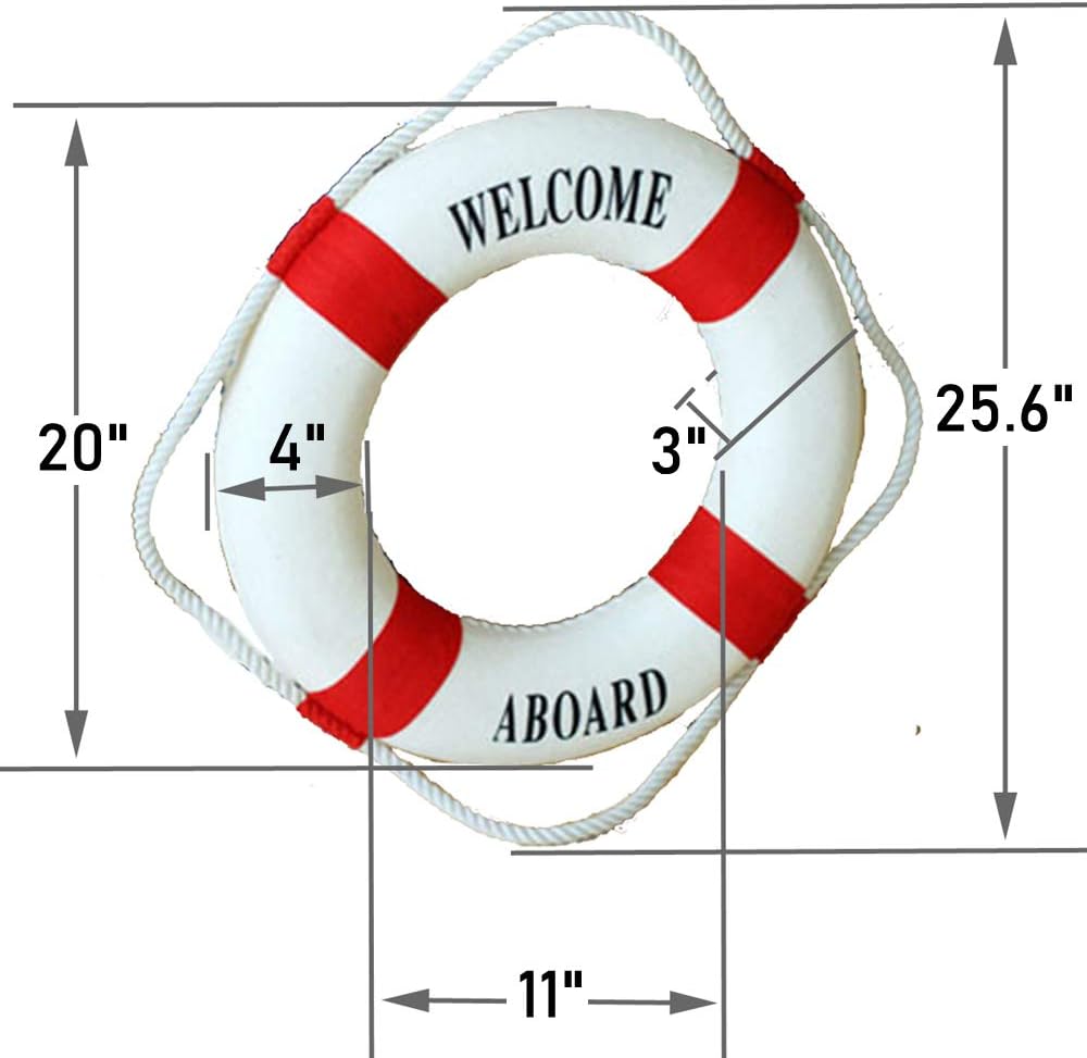 MorroMorn Lifebuoy Wall Hanging Decor - Welcome Aboard Mediterranean Style Home Decoration (Red