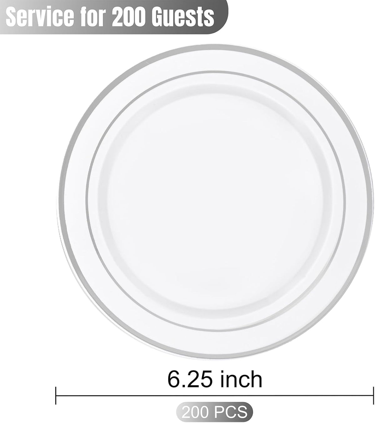 bUCLA 200PCS Silver Plastic Plates - 6.25inch White with Silver Trim Disposable