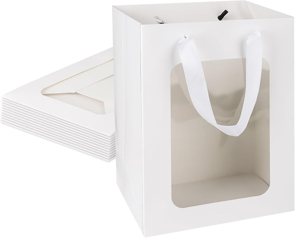 MOXARYSU 12 Pcs White Gift Bags with Clear Window: 9.8x5.1x7.1 Inch Medium Kraft Paper Bags with