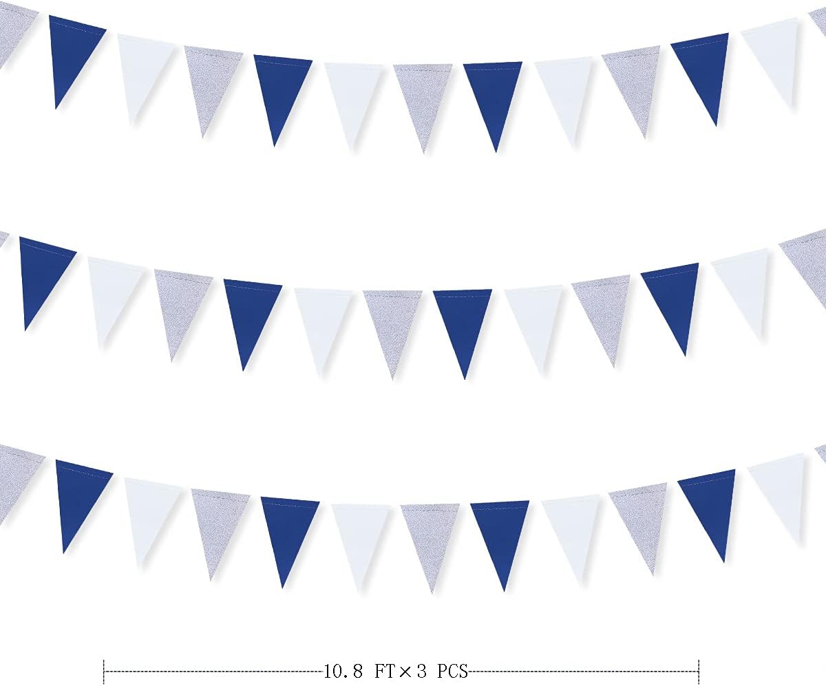 30 Ft Navy Blue White and Silver Party Decorations Royal Blue Triangle Flag Pennant Banner Bunting