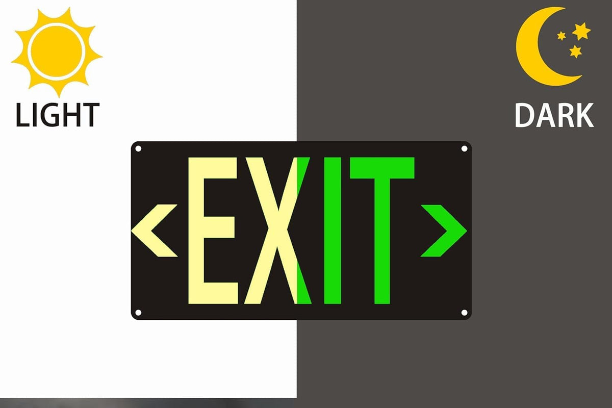 Photoluminescent Exit Sign Black, 14.25"x 7.5" Glow In The Dark Exit Signs Aluminum with 8pcs