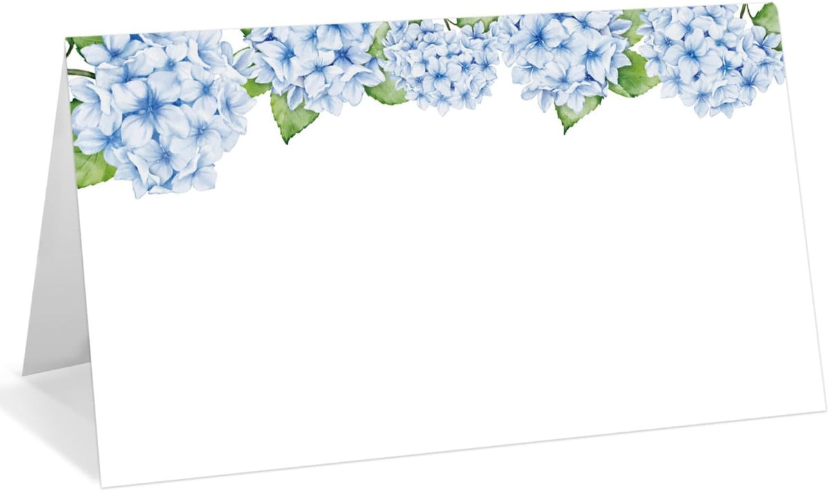 25 Pack Blue Floral Place Cards, Editable Name Cards for Table Setting, Tent Cards Food Label for