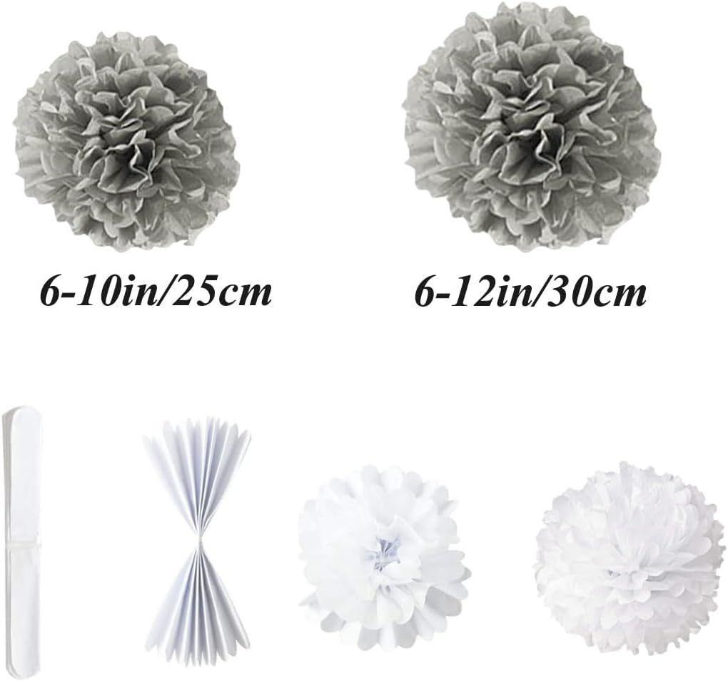 12pcs 10in 12in Grey Paper Pom Poms Tissue Paper Flower Hanging Paper Flower Balls Wedding Party