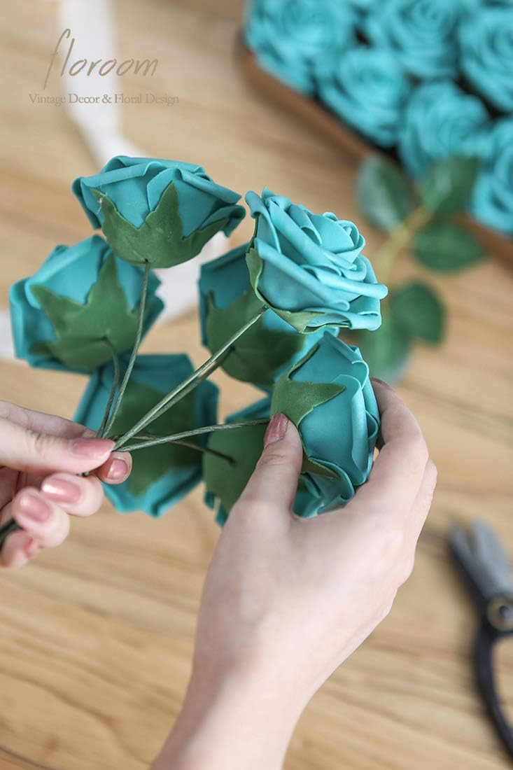 Floroom Artificial Flowers 50pcs Real Looking Teal Green Foam Fake Roses with Stems for DIY Wedding