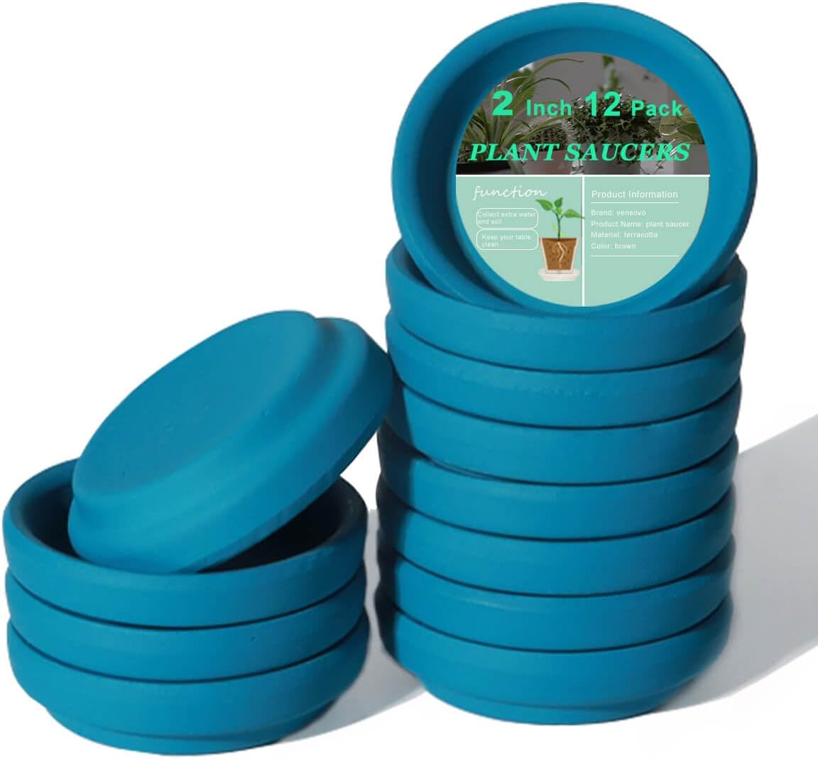 vensovo 2 Inch Steel Blue Terracotta Plant Saucer Pots Tray - 12 pcs Mini Planter Saucers for