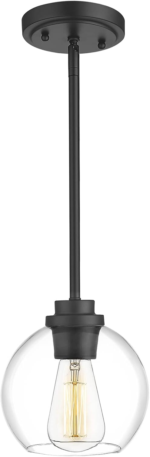 Pendant Light Fixtures,7 Inch Globe Black Pendant Lights Kitchen Island with Clear Glass, Modern