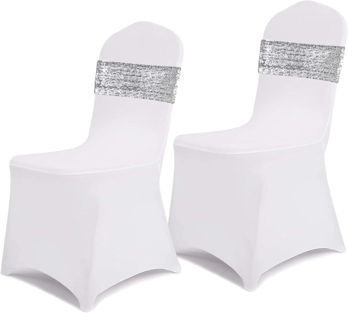 SquarePie Pack of 100 Chair Sashes Bows Sparkly Silver Sequin Chair Bands for Wedding Party Banquet