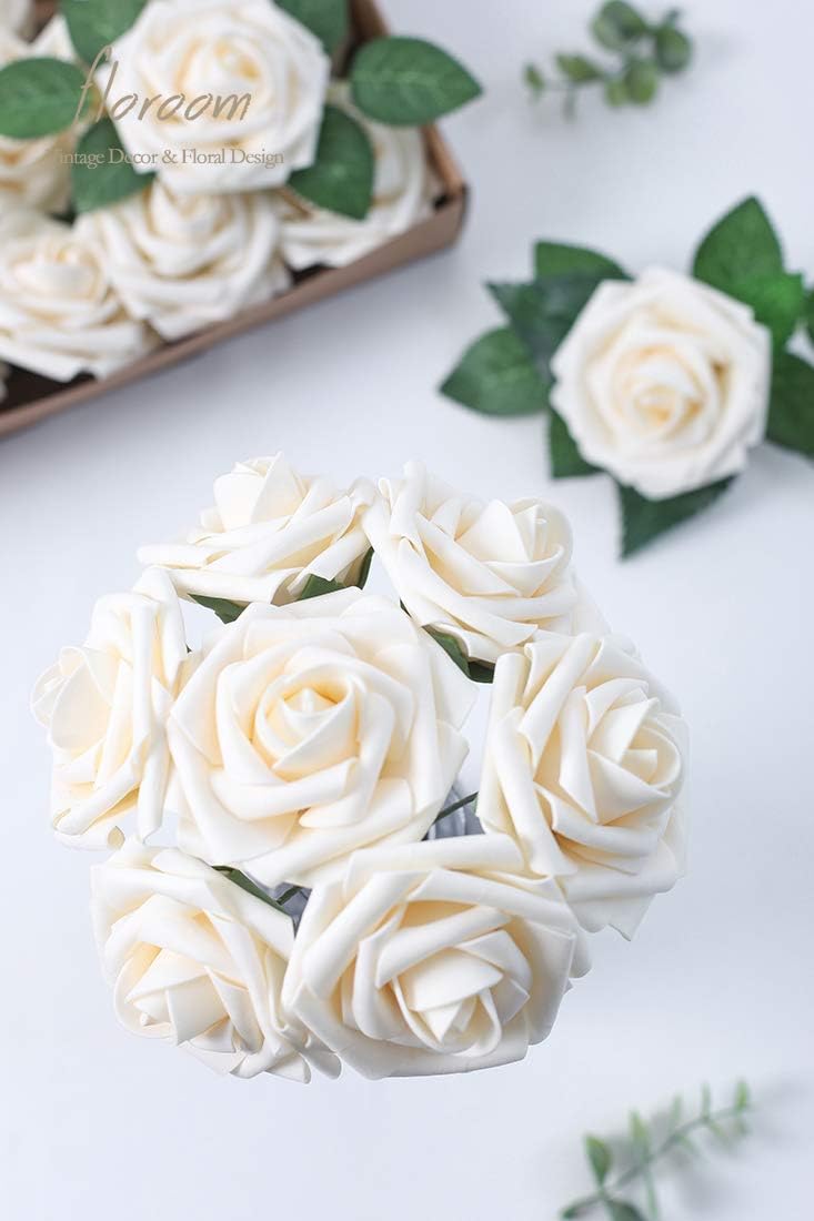 Floroom Artificial Flowers 50pcs Real Looking Cream Foam Fake Roses with Stems for DIY Wedding