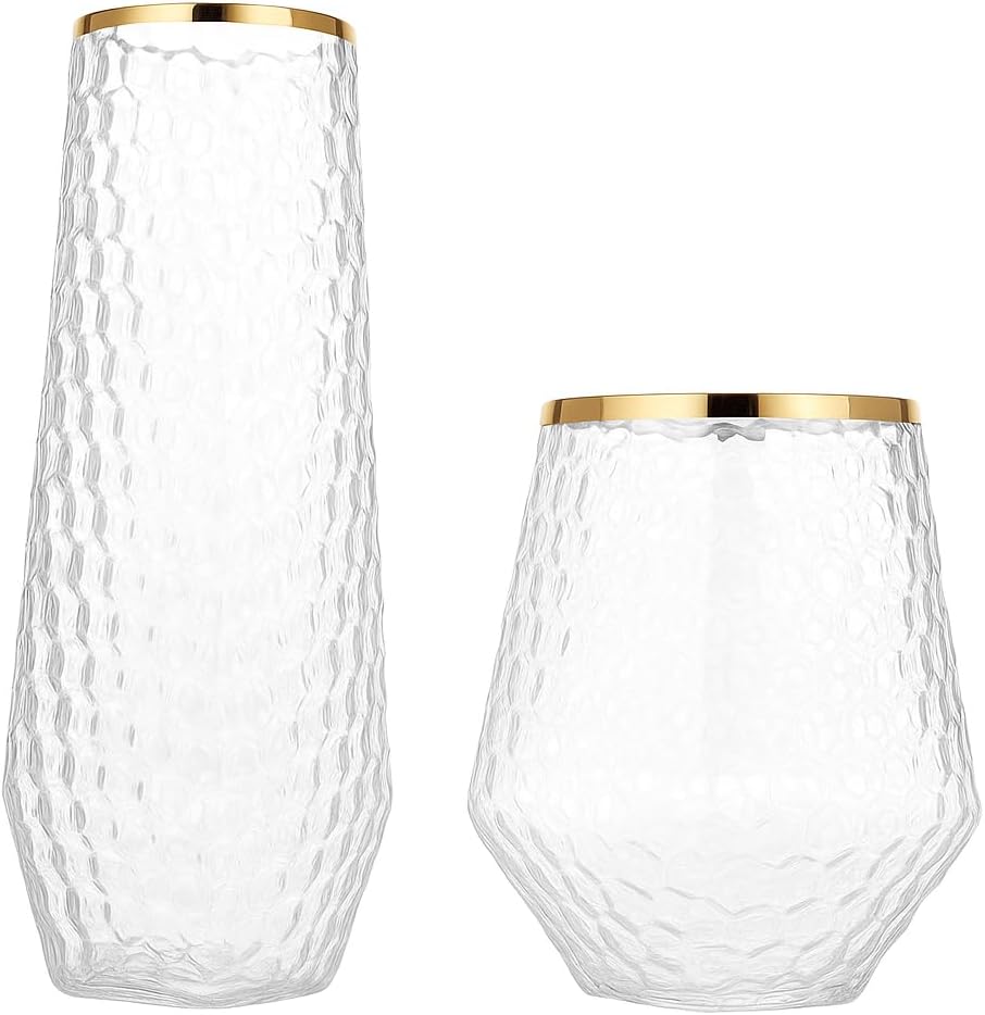48 Pack Ribbed Origami Ripple Plastic Glasses 24 9oz Stemless Champagne Flutes & 24 12oz Cups