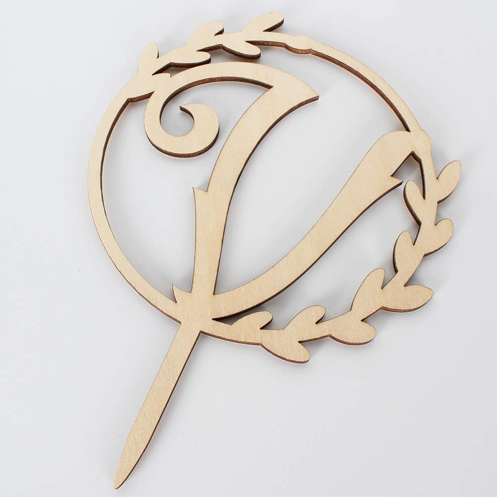LINGTEER Personalized Inital Letter V Wooden Cake Topper Perfect for Birthday Rustic Wedding