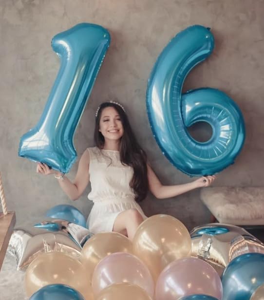 Pearl Blue 6 Number Balloon, 40 Inch Mylar Foil Number 6 Birthday Balloon, Digital Balloons for 6