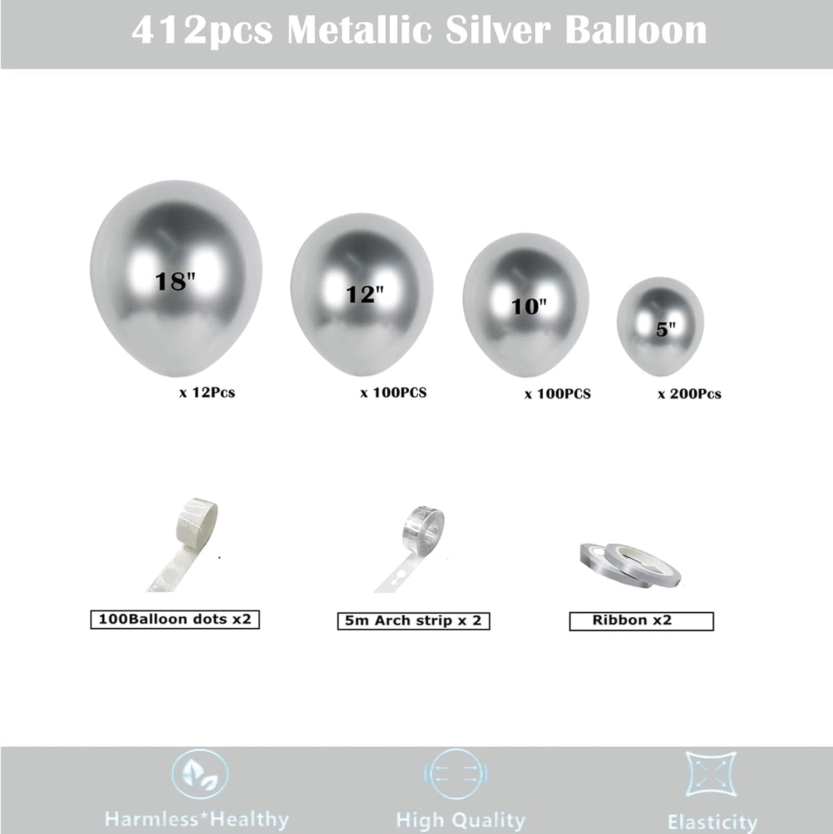 412pcs Metallic Silver Balloon Garland Arch Kit 18 12 10 5 Inch Different Sizes Latex Chrome
