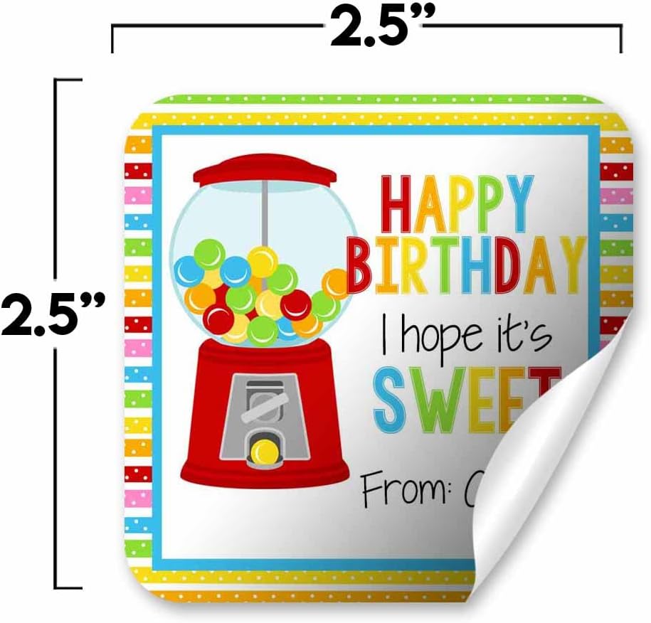 Custom & Personalized Sweet Gumball Happy Birthday Gift Tag Sticker Labels, 24 2.5" Square Stickers