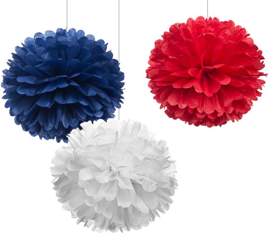12" Red White Blue Tissue Pom Poms DIY Hanging Paper Flower Balls for Nautical Party Decoration 4th