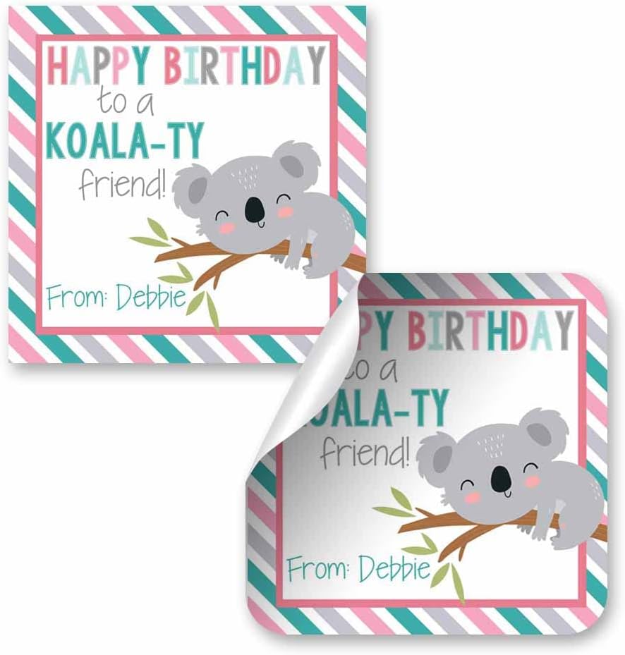 Custom & Personalized Cute Koala Happy Birthday Gift Tag Sticker Labels, 24 2.5" Square Stickers by