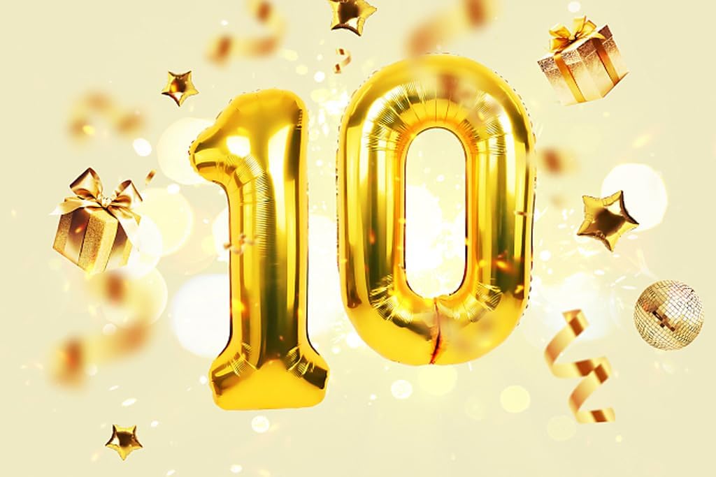 Gold Mylar Number 10 Balloon 40 inch, Number 10 Birthday Balloon for Boy Girl, Gold Foil Balloon