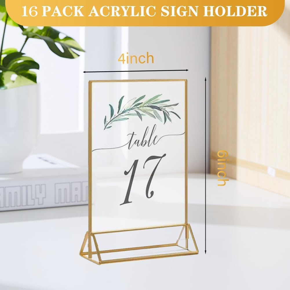 16 Pack Gold Acrylic Sign Holder, 4x6 Inch Picture Frames Wedding Double Sided Display Clear Sign