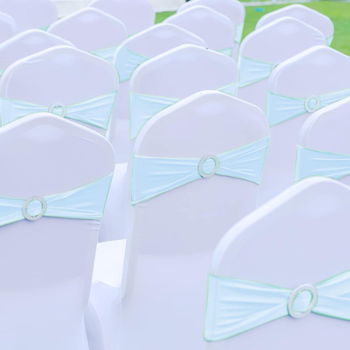 CHENGU 150 Pieces Spandex Stretch Chair Sashes Bows Elastic Chair Cover Bands Ties with Buckle