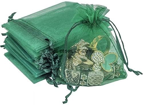TheDisplayGuys 100-Pack 6x8 Dark Green Sheer Organza Gift Bags with Drawstring, Jewelry Candy Treat
