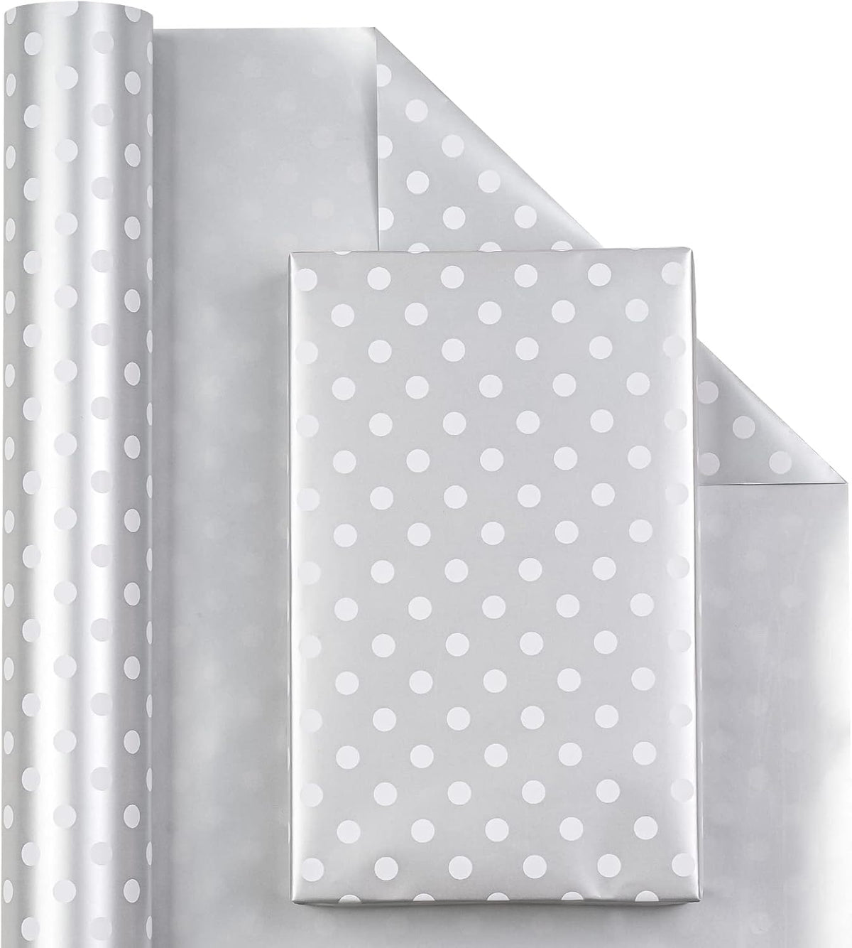 WRAPAHOLIC Reversible Wrapping Paper - Mini Roll - 17 Inch X 33 Feet - Silver Print and Polka Dot