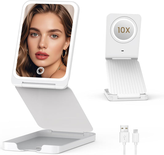 Travel Makeup Mirror with Lights, Foldable 1X Vanity Lighted Mirror with 10X Magnification