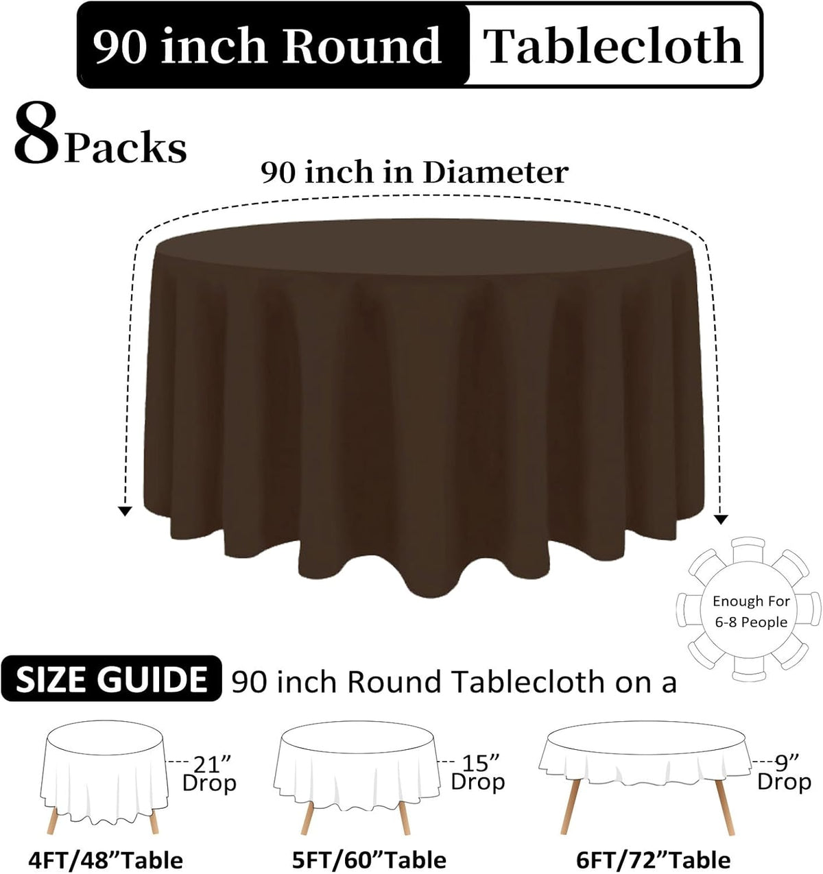 8 Pack Brown Round Tablecloth 90 Inch Stain and Wrinkle Resistant Round Brown Table Cloth Reusable