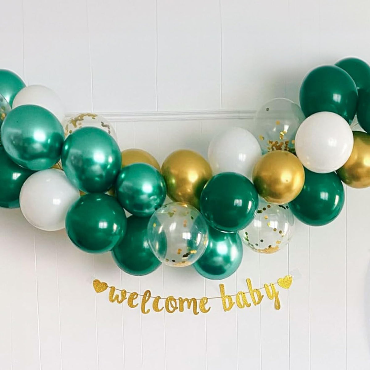 Metallic Green Gold Balloons, 60 Packs 12 Inch Dark Green White Gold Latex Balloons with Ribbons