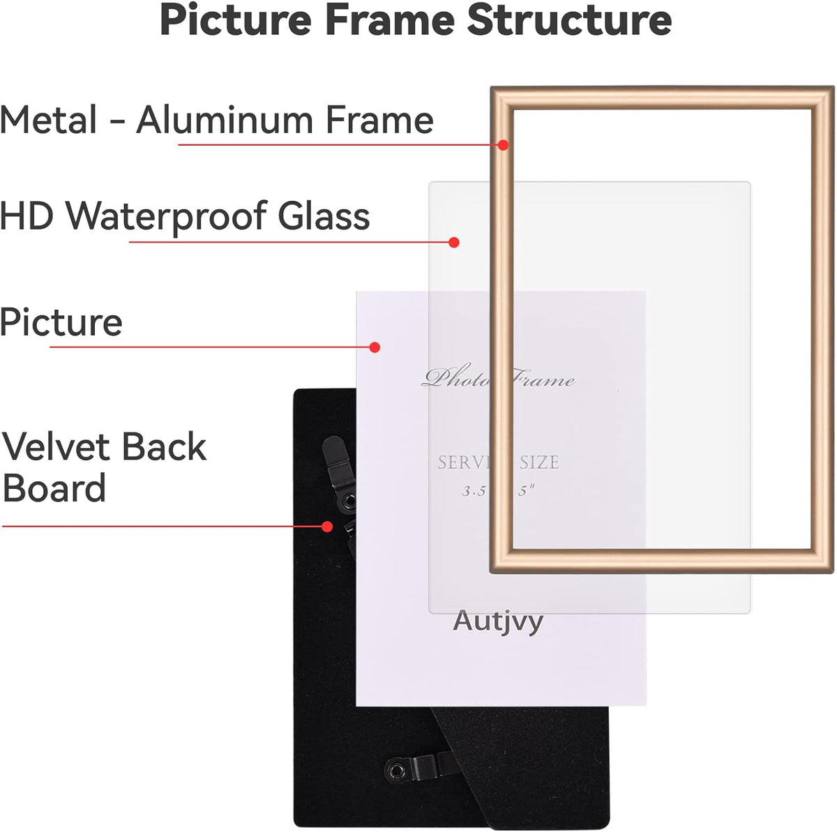 5x7 Picture Frame Set of 2, Gold - Brushed Brass Modern Simple Thin Aluminum Metal Photo Frame with