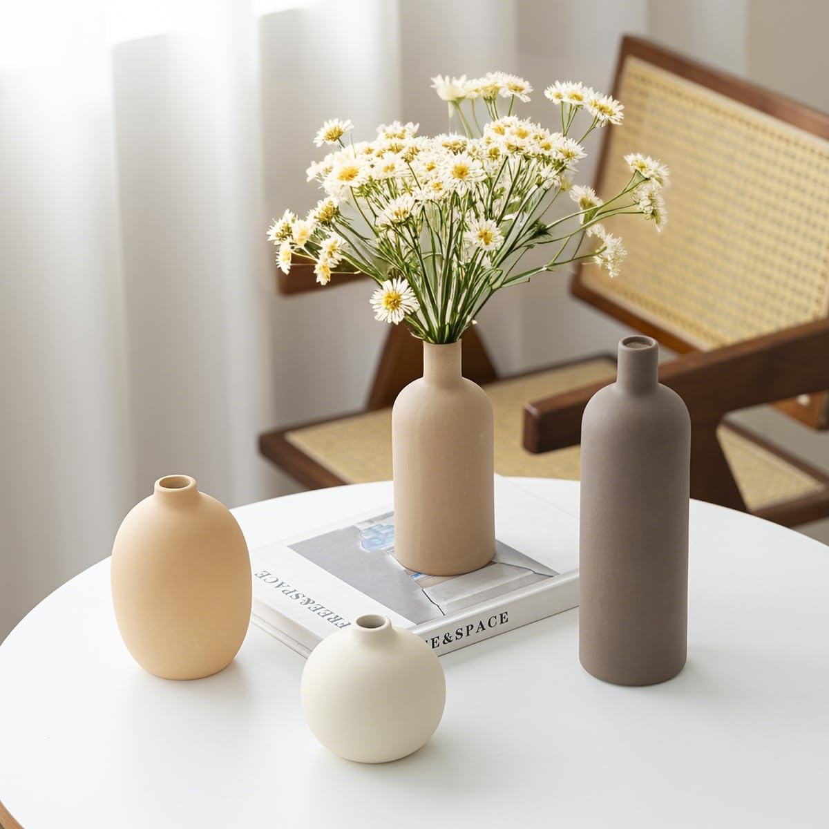 Modern Ceramic Vase Set, Neutral Colors, Decorative Vases for Home Shelf Decor, 4 Piece Collection