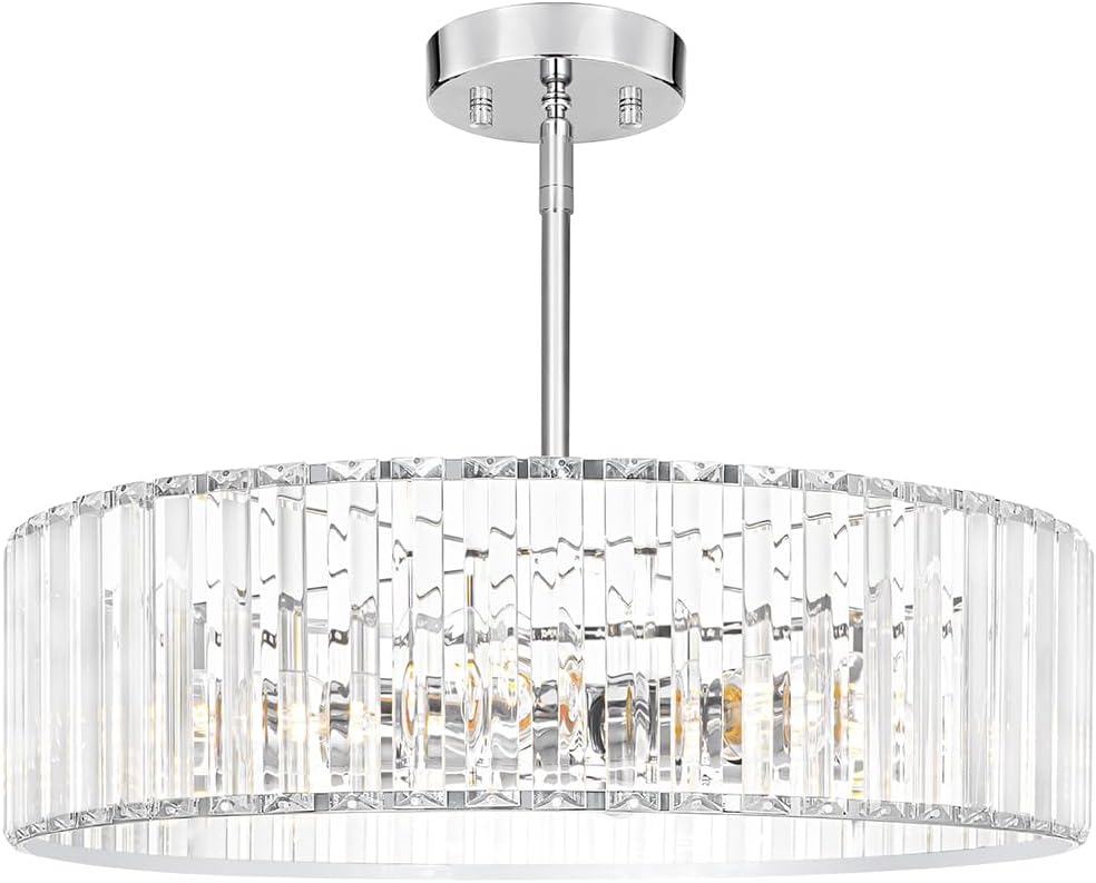 Modern Crystal Chandelier for Dining Room, 6 Light Chrome Semi Flush Mount Ceiling Light Fixtures