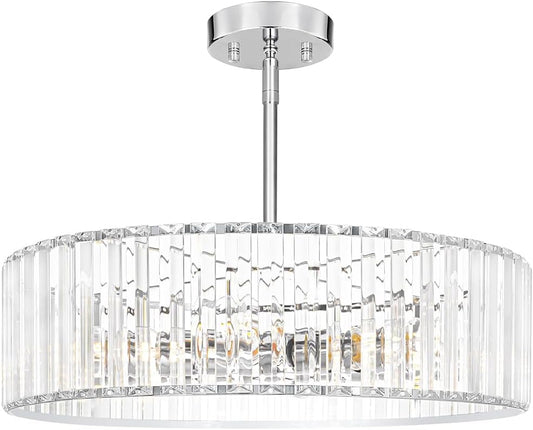 Modern Crystal Chandelier for Dining Room, 6 Light Chrome Semi Flush Mount Ceiling Light Fixtures