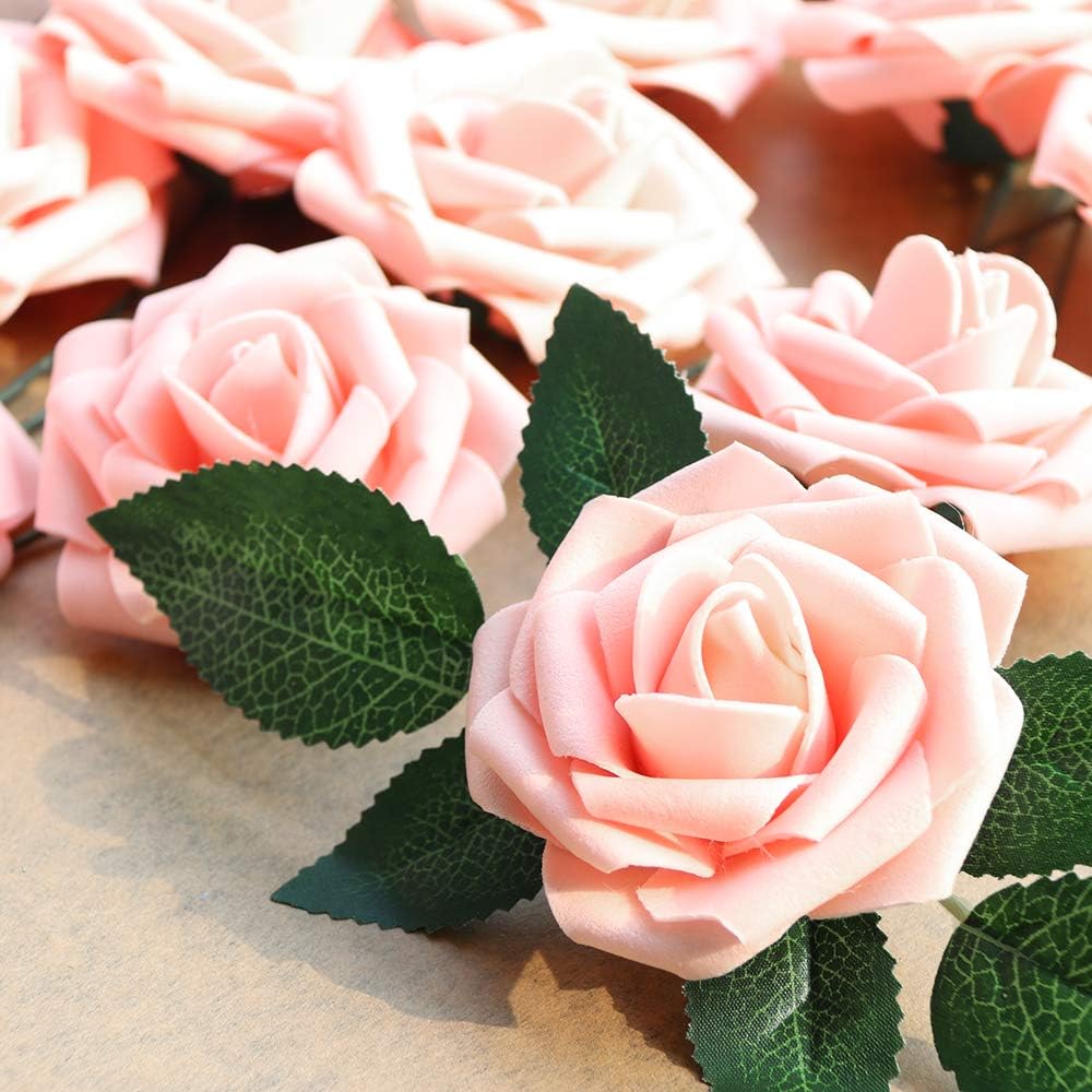 AmyHomie Artificial Flower 50pcs Real Looking Fake Roses w/Stem for DIY Wedding Bouquets