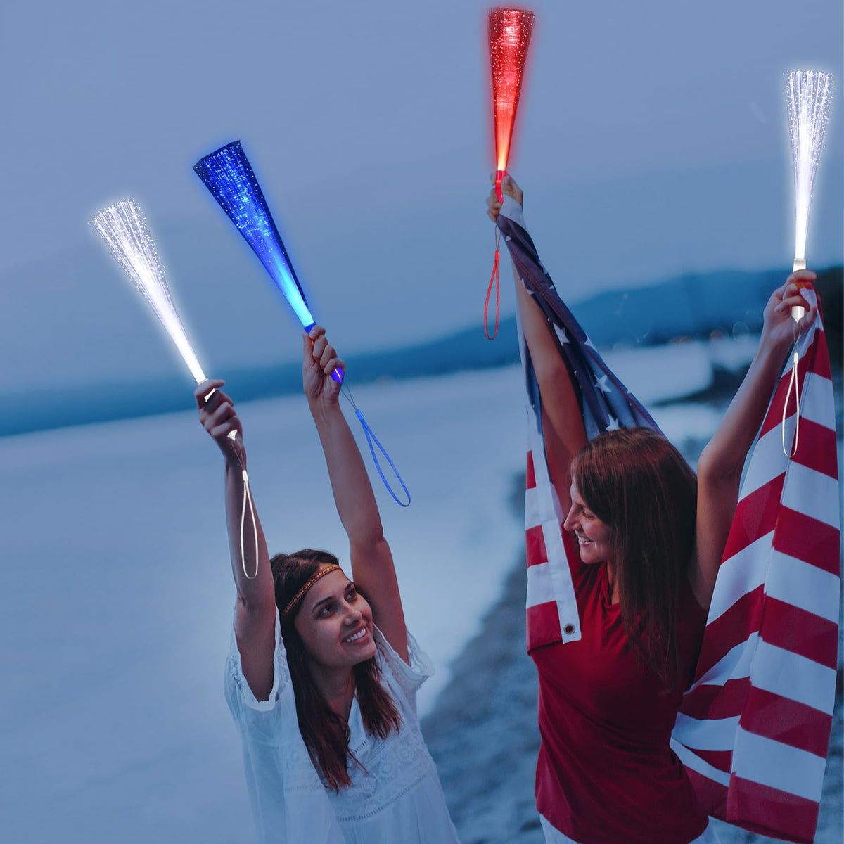 48 PCS Red Blue White Glow Fiber Wands Sticks LED Light Wands 3 Modes Flashing Fiber Optic Light