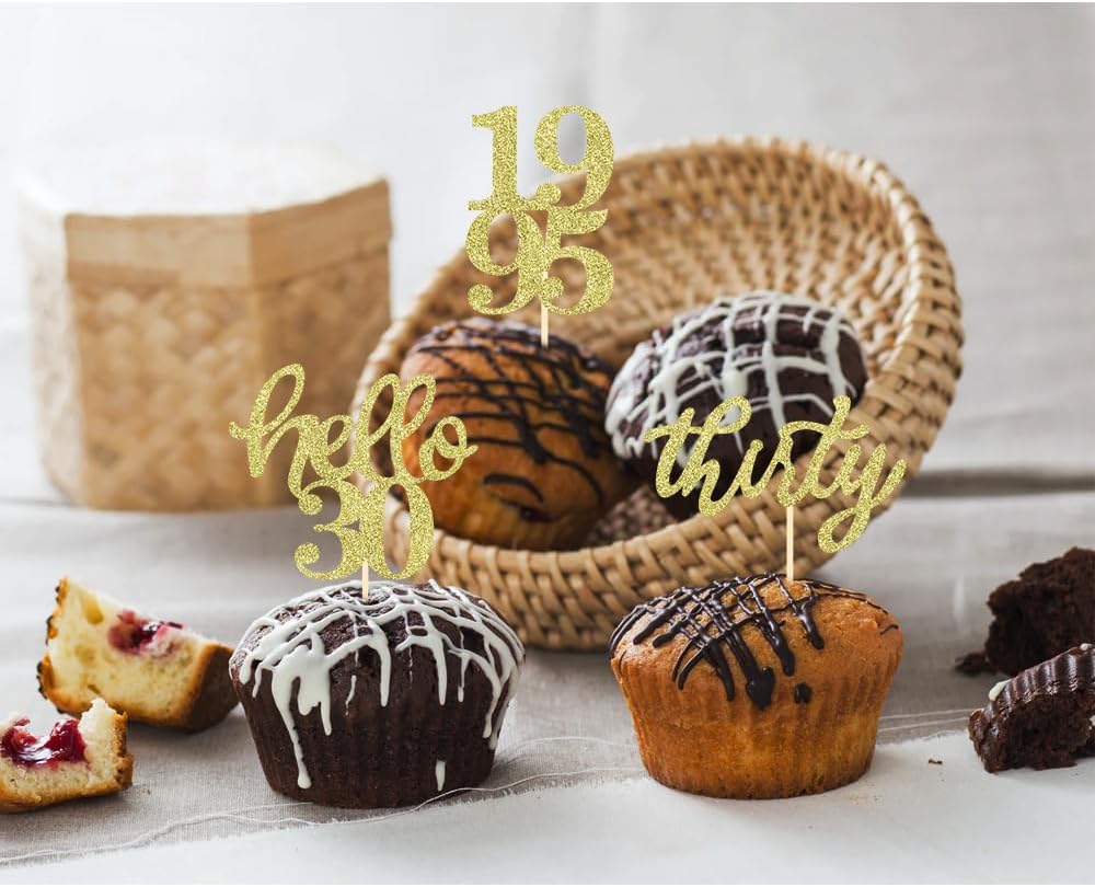 24 Pcs Gold Glitter 30th Birthday Cupcake Toppers for 30th Anniversary Birthday Party Wedding Party