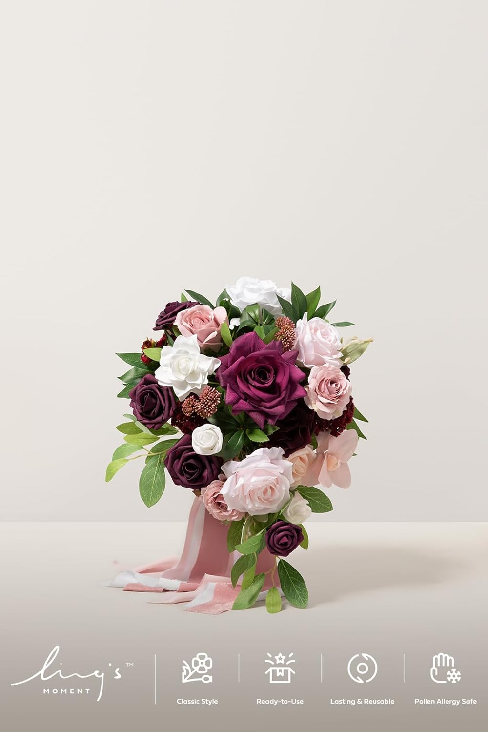 Ling's moment Burgundy Cascading Bridal Bouquet, Marsala Wedding Bouquets for Bride, 13 Inch Birde