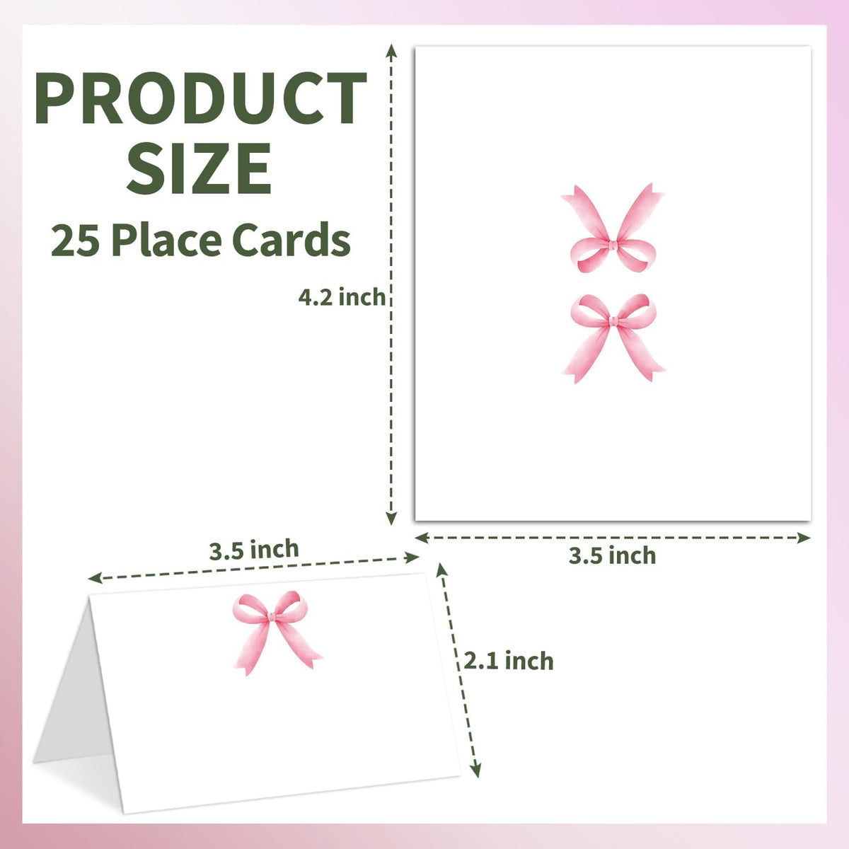 25 Pink Bow Place Cards for Table Seating, Watercolor Wedding Name Place Card, Tent Cards for