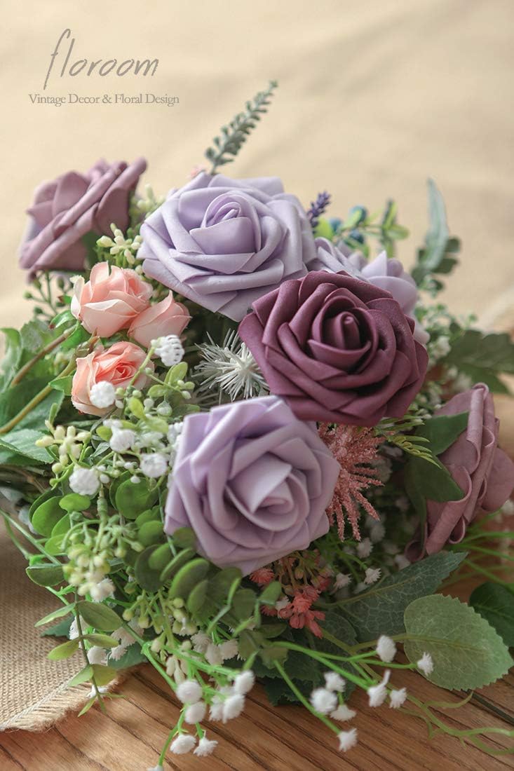 Floroom Artificial Flowers 25pcs Real Looking Plum Foam Fake Roses with Stems for DIY Wedding