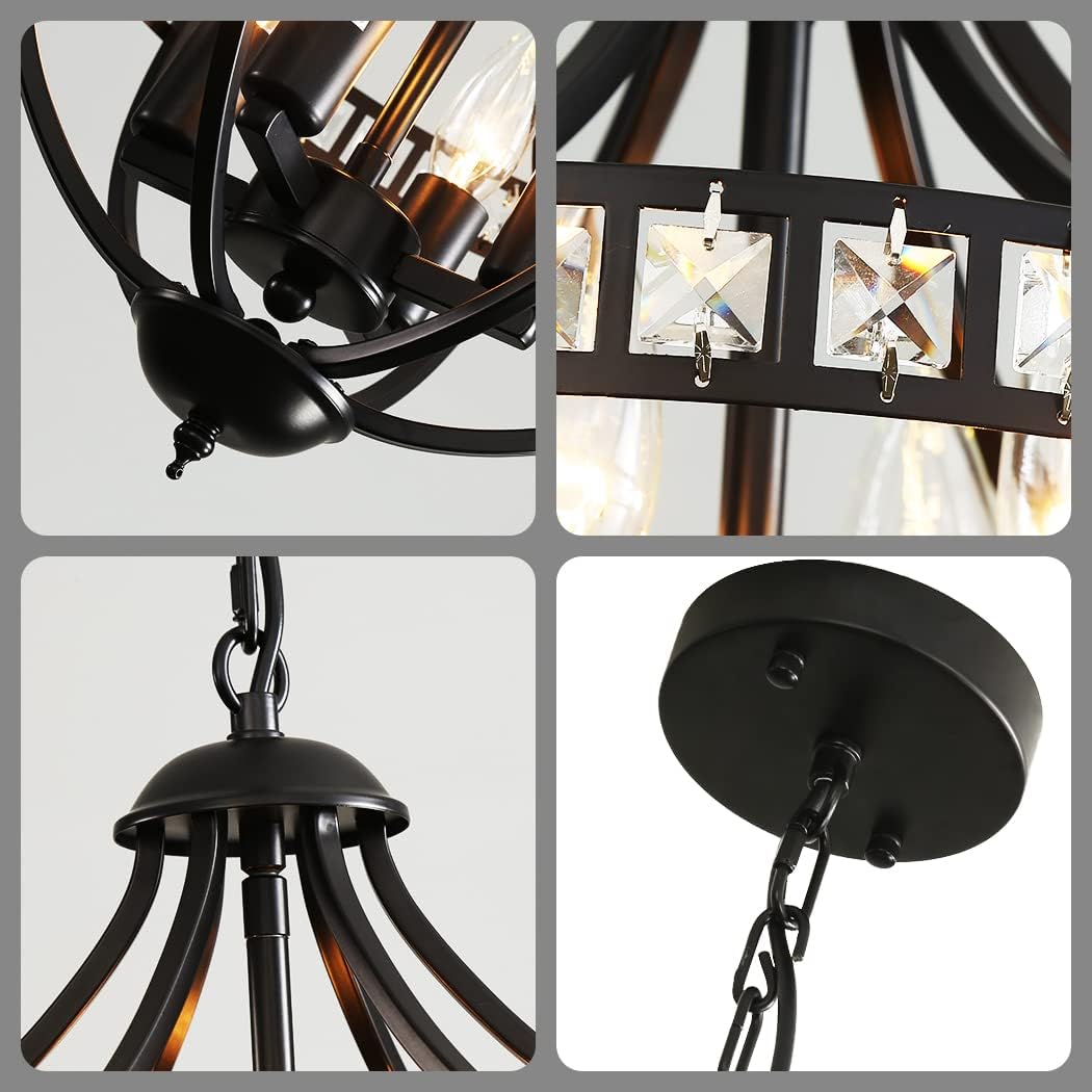 Crystal Chandelier Light Fixtures, 4-Lights Farmhouse Rustic Vintage Black Pendant Hanging Lighting