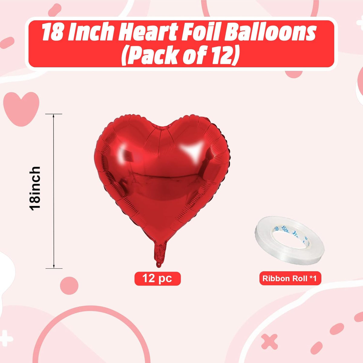 Red Heart Balloons, 18 Inch Red Heart Foil Shape Balloon, 12PCS Large Love Foil Helium Romantic