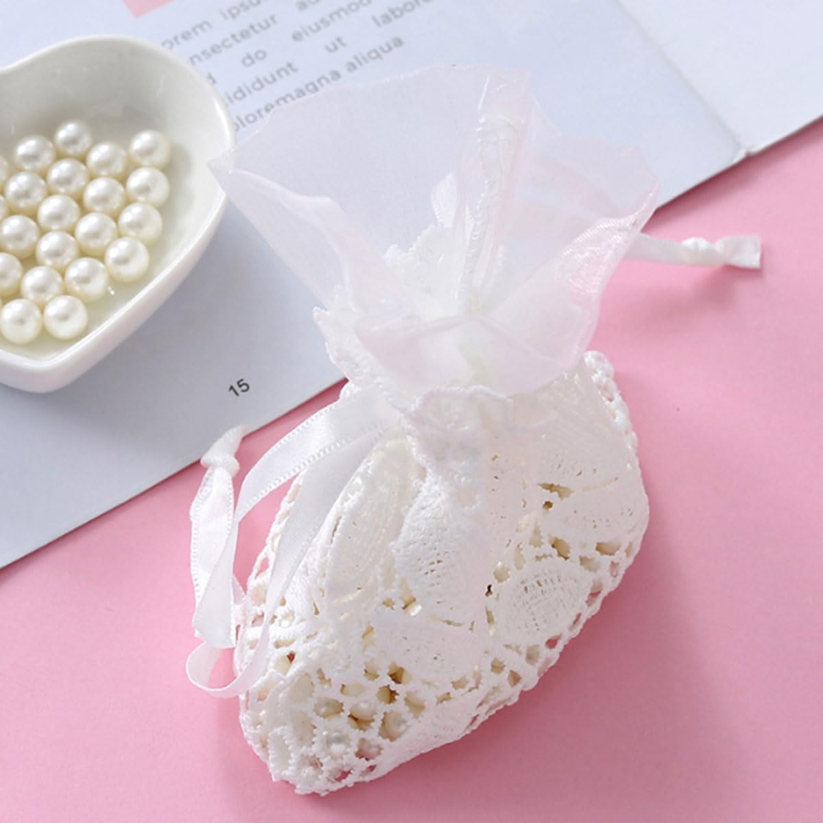 Ewanda store 8Pcs Lace Organza Drawstring Bags White Leaf Cotton Drawstring Bag for Wedding