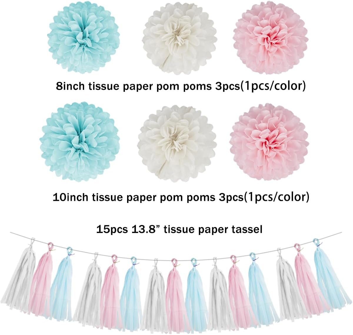 Gender Reveal Decorations Blue Pink - 23pcs Tissue Paper Flowers Pom Poms Banner Tassel Garland