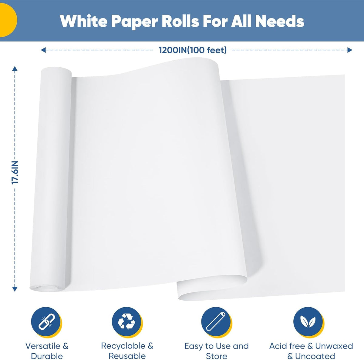 Drawing Paper Roll for Kids Art Supplies, 17.6"x1200" (100') Easel Craft Decorative Paper, White