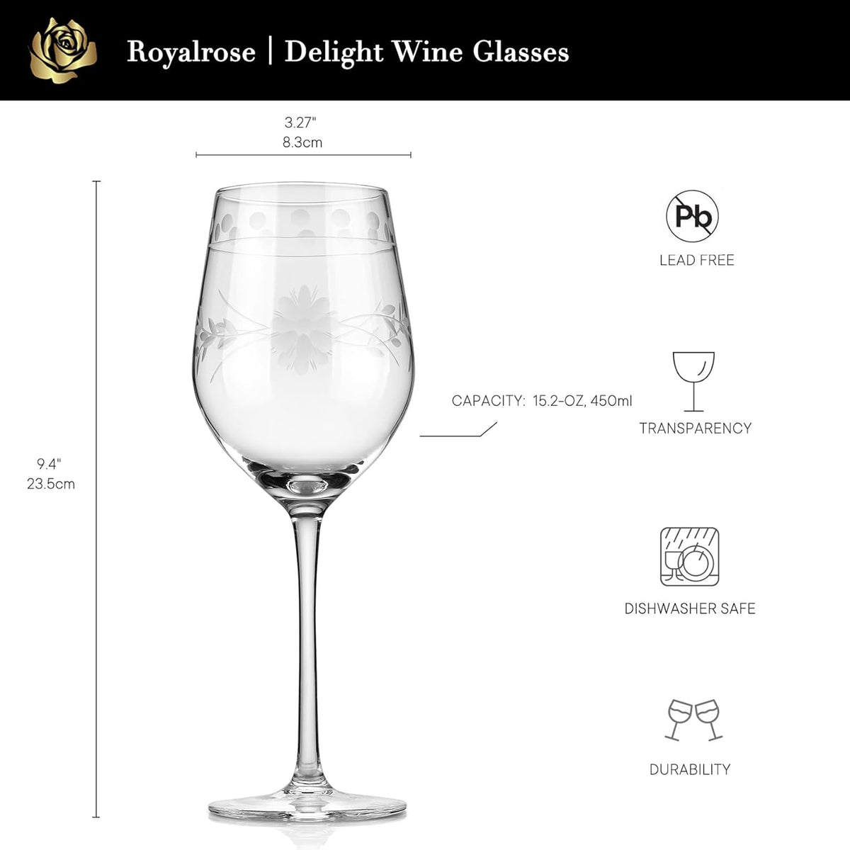 Premium Delight Wine Glasses Set of 4,15 oz – Hand-Blown with Etched Long Stem, Classic Glassware