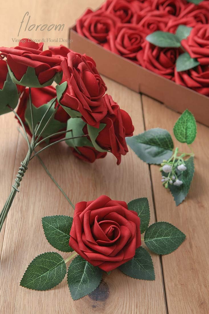 Floroom Artificial Flowers 50pcs Real Looking Dark Red Foam Fake Roses with Stems for DIY Wedding