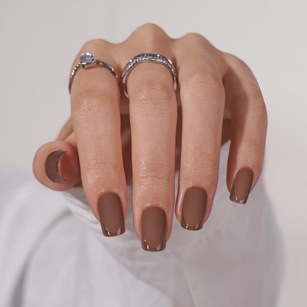 BTArtbox Press on Nails Short Square - Dark Brown Nails with Glossy French Tips in a Matte Finish